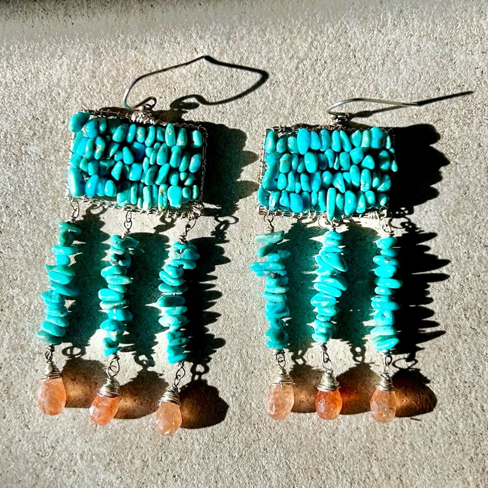 Western Earrings Turquoise Silver Sunstone wire wrapped beaded dangle earrings